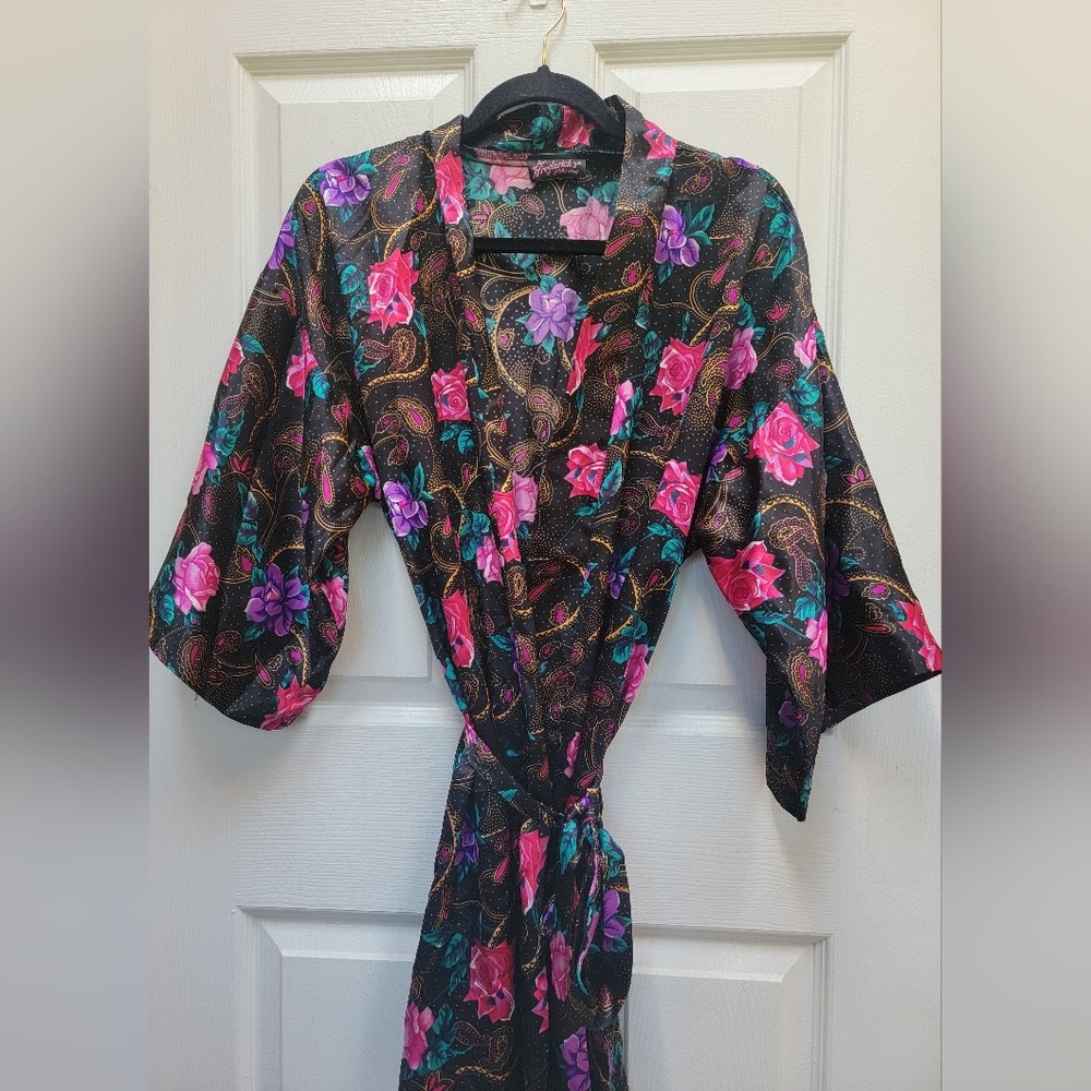 Frederick's of Hollywood Vintage Floral Paisley Kimono Robe W/Tie Waist Size M